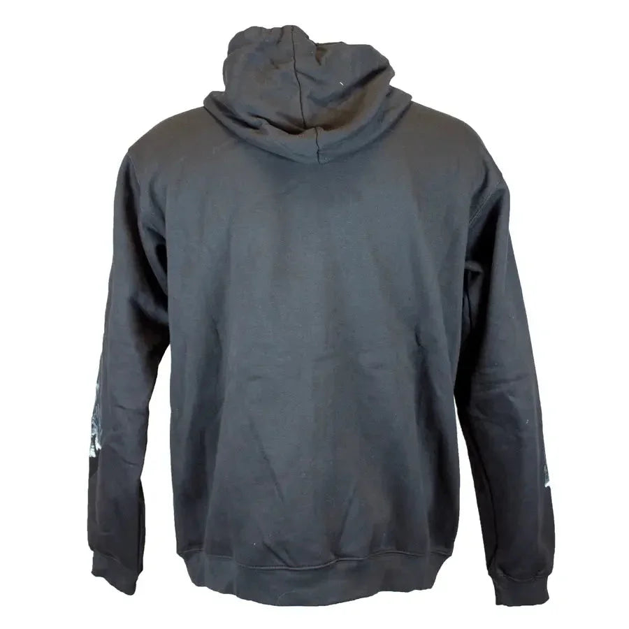 Back view of men's black zip-up hoodie with minimal design on plain background