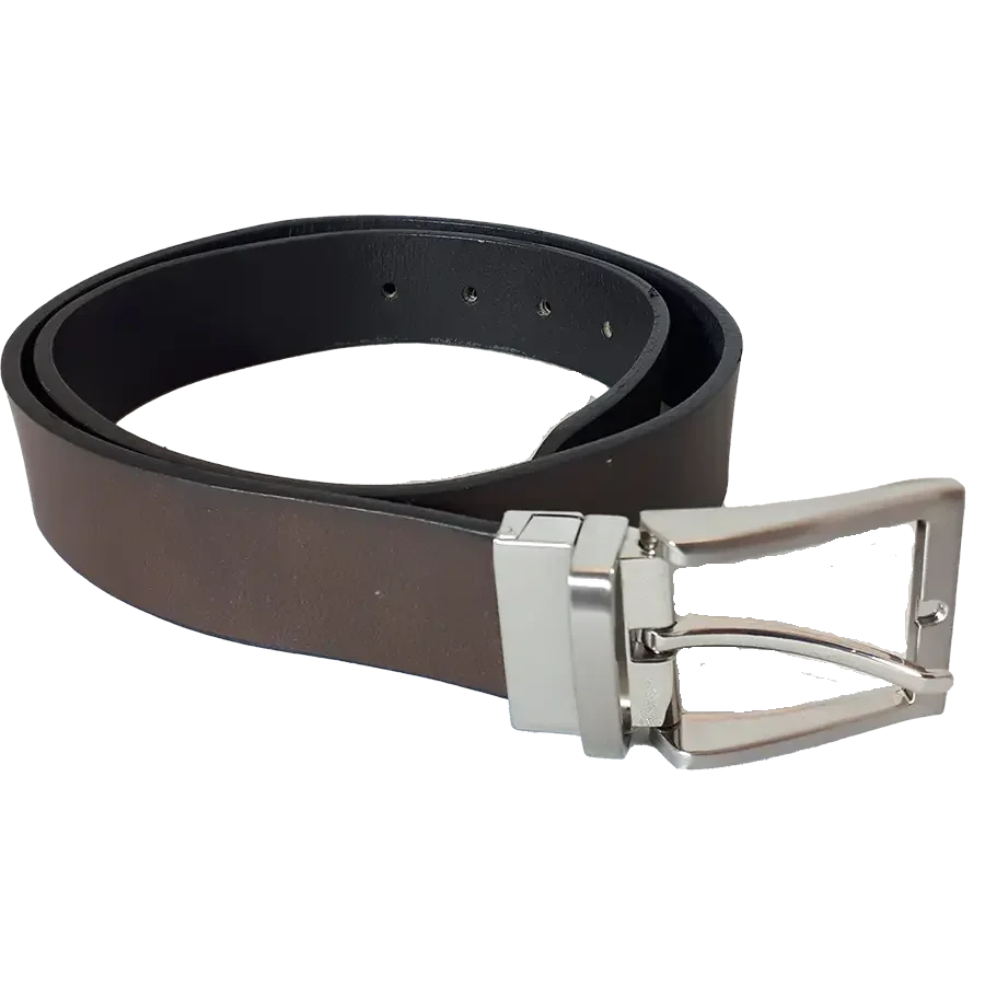 Men's reversible leather belt with silver buckle, dark brown and black sides