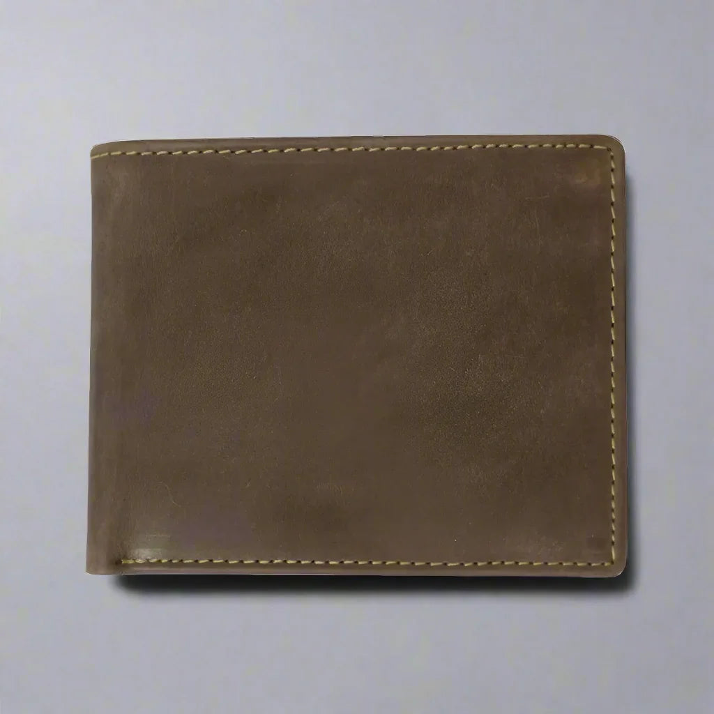 Brown leather men's bifold wallet with visible stitching on a plain background