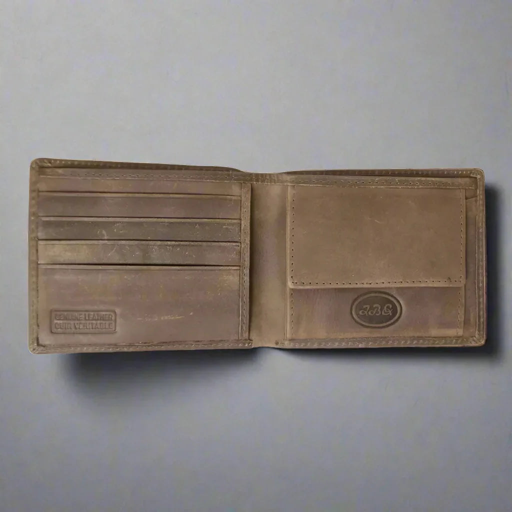 Men's RFID bifold leather wallet with coin pouch, brown, genuine leather interior.