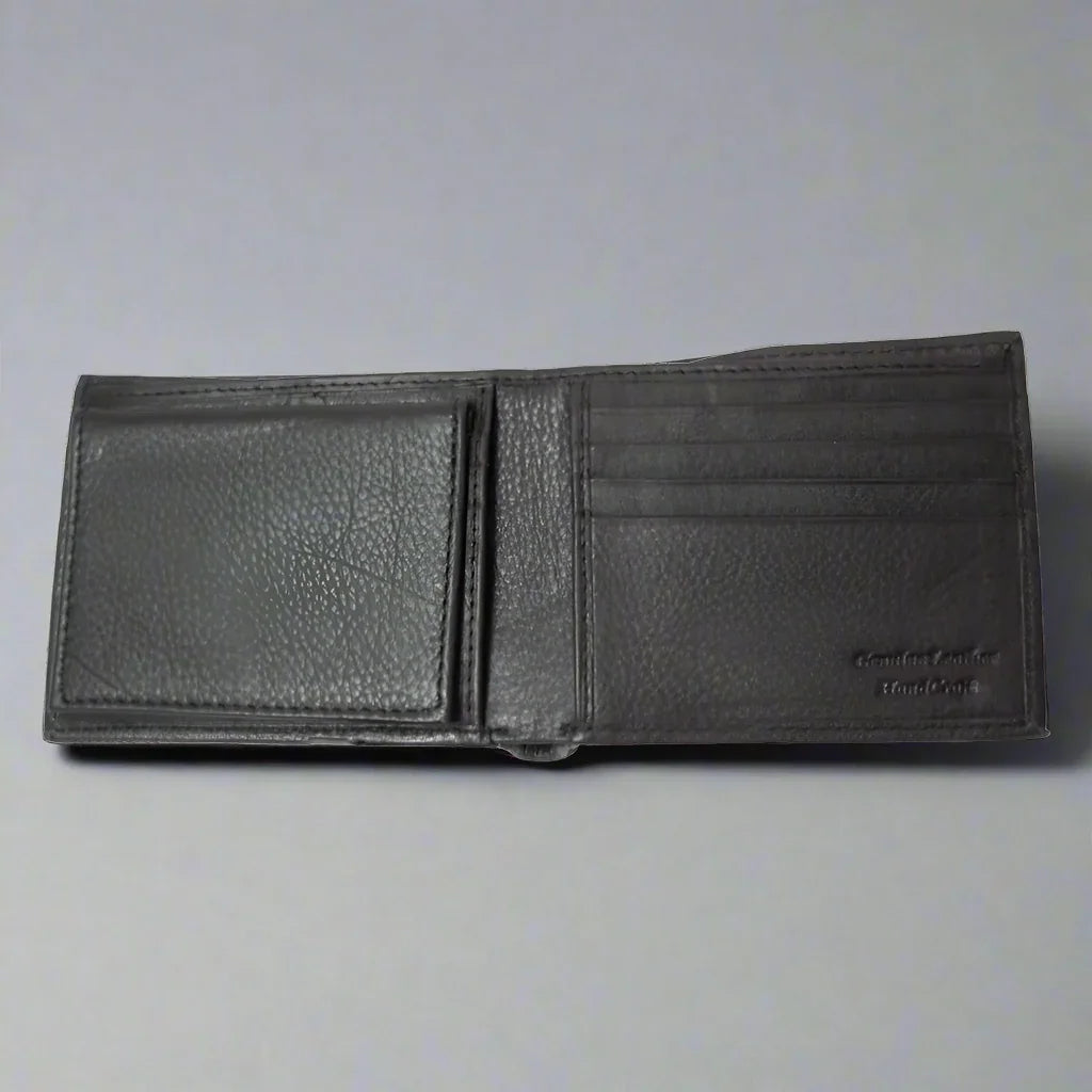 Men's black RFID leather bifold wallet with multiple card slots on gray background
