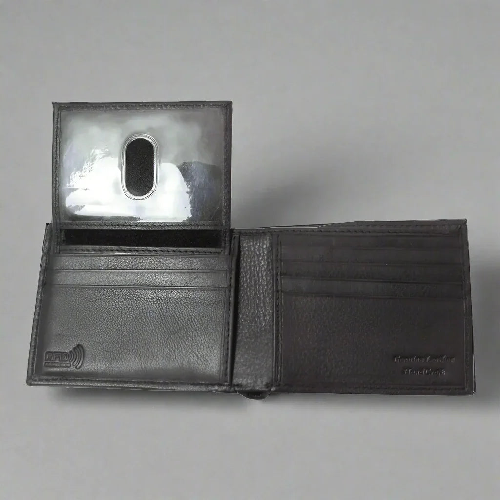 Men's RFID leather bifold wallet with ID window and multiple card slots on grey background