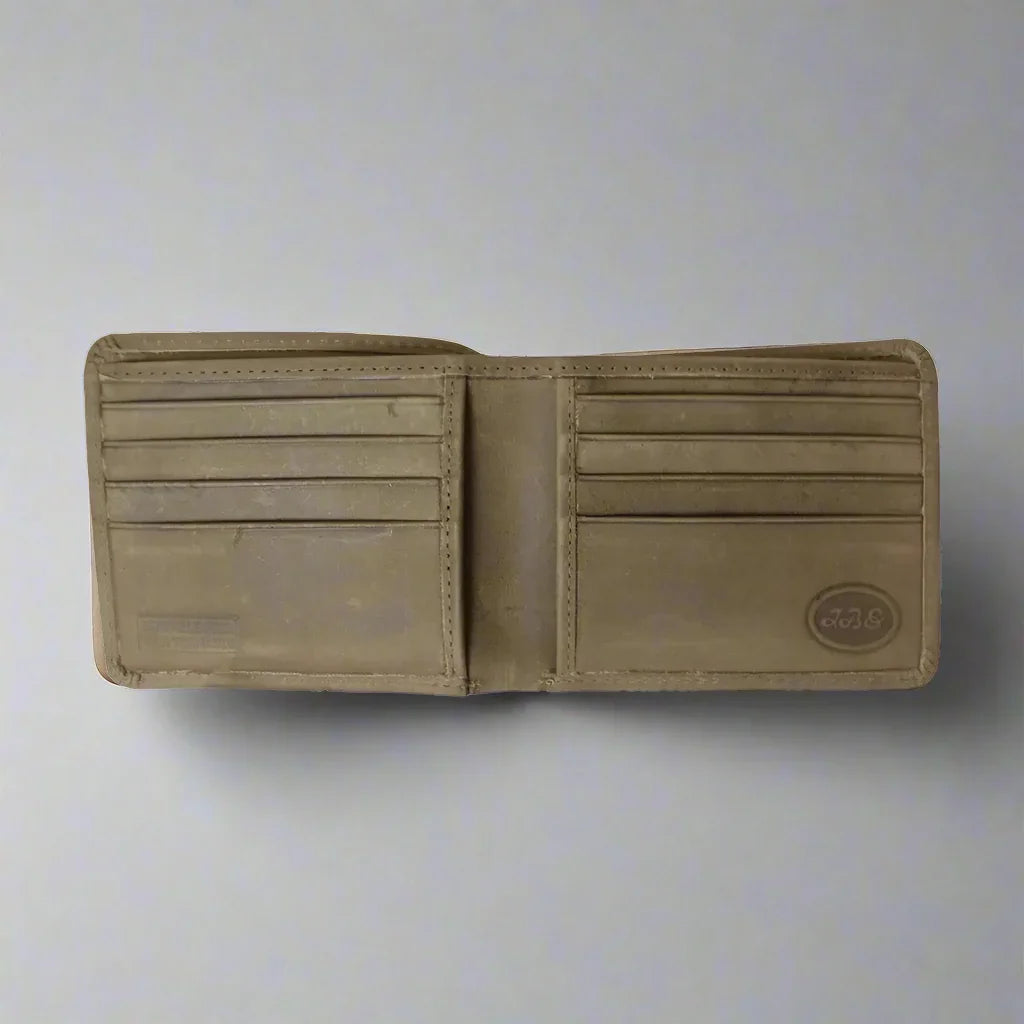 Men's RFID slimfold leather wallet in tan with multiple card slots, open on a grey background