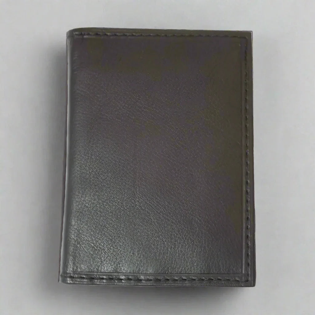 Men's black leather bifold wallet with stitched edges on a plain background