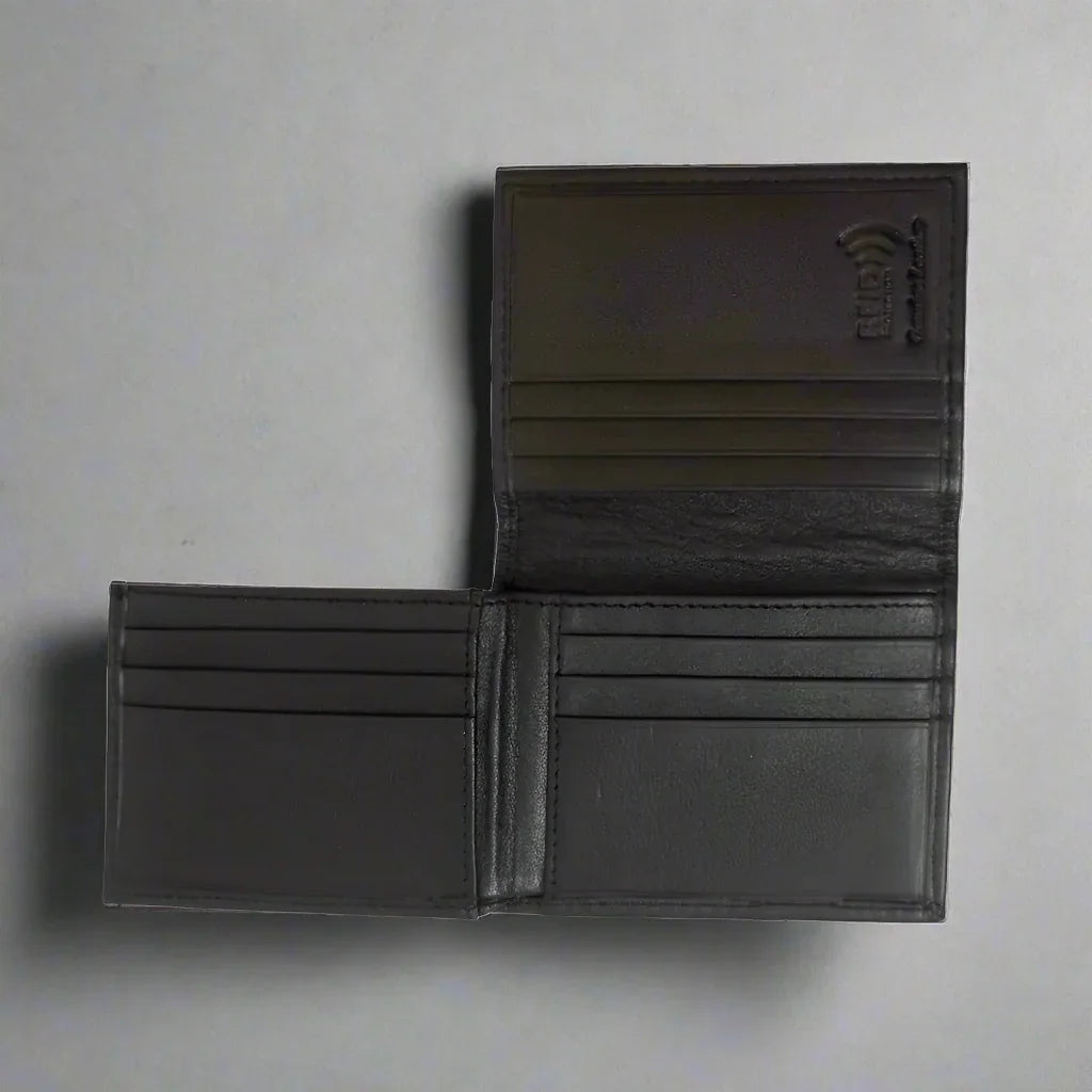 Men's black leather RFID bifold wallet with multiple card slots, open on grey background