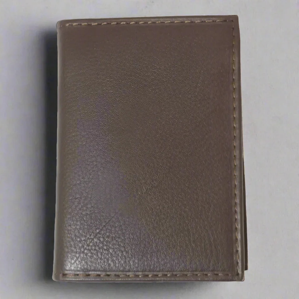 Men's brown leather bifold wallet with visible stitching on a light background