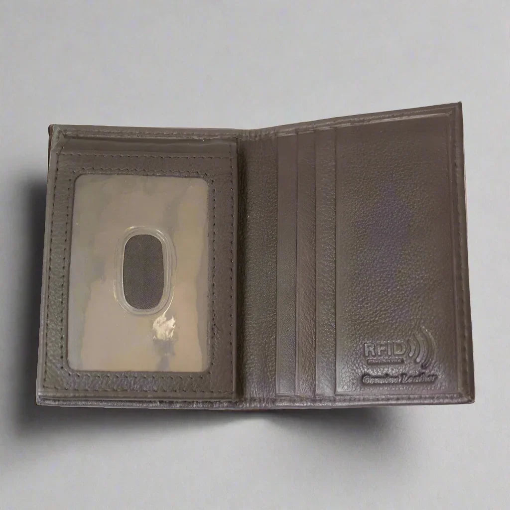 Men's RFID genuine leather bifold wallet with card slots and ID window