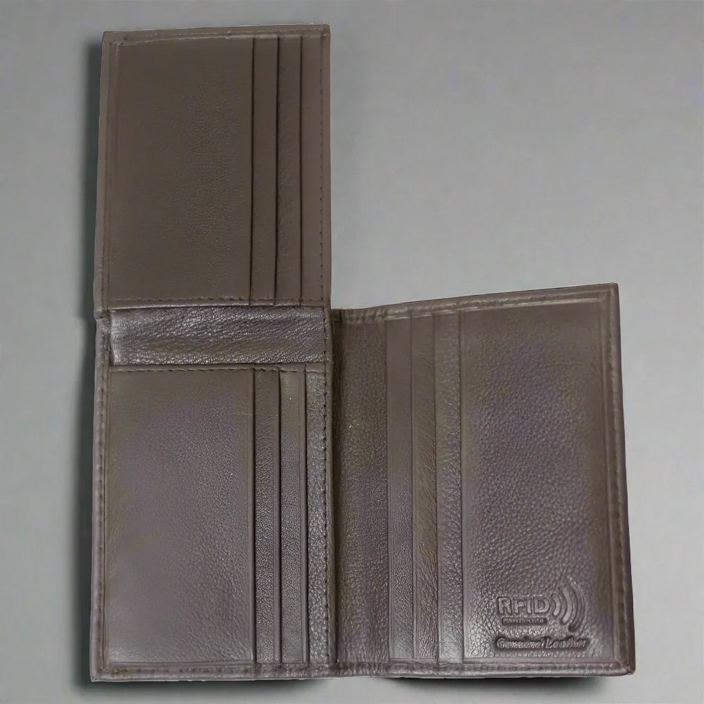 Men's RFID upright bifold wallet in brown genuine leather with multiple card slots