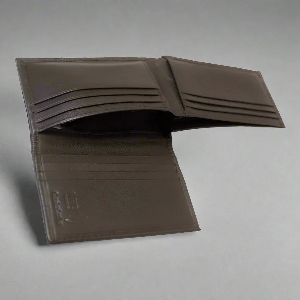 Brown men's RFID leather bifold wallet with multiple card slots on a neutral background