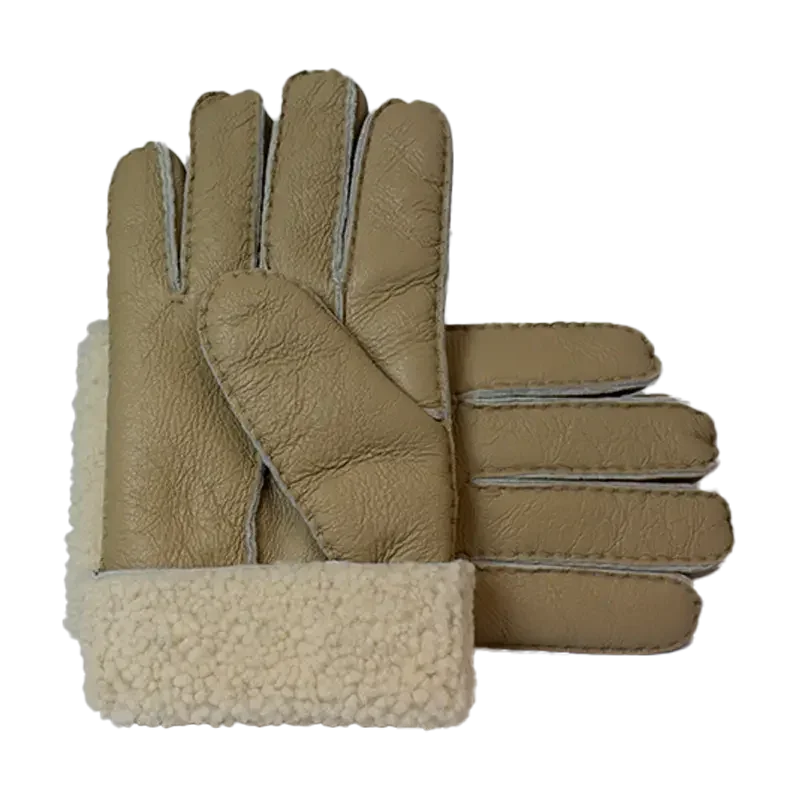 Men's shearling leather gloves with beige wool cuffs on a plain background