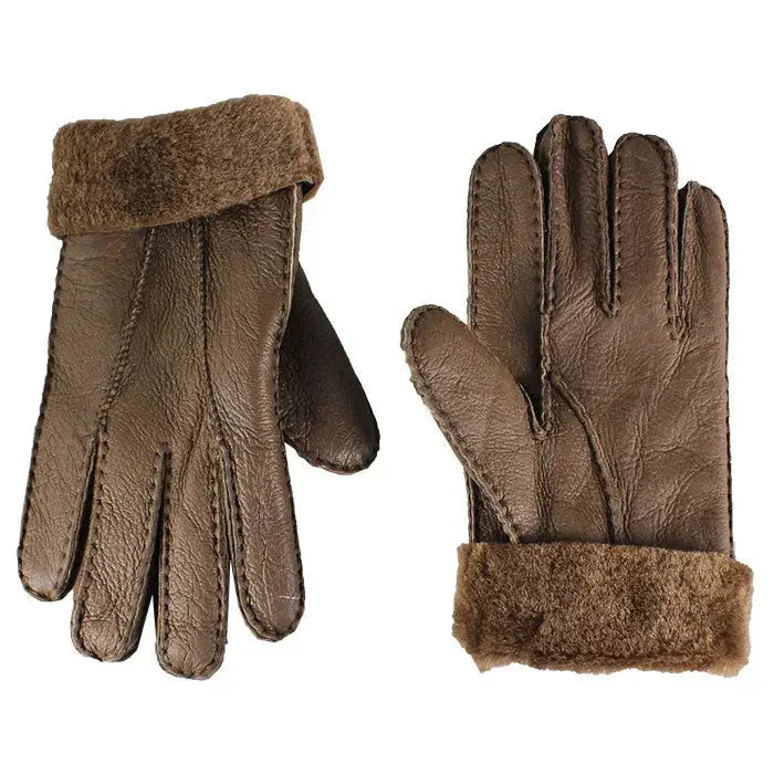 Brown men's shearling leather gloves with fur cuffs on a white background