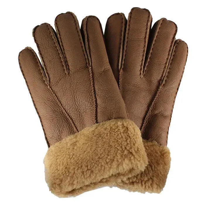 Men's brown shearling leather gloves with fur cuffs on white background