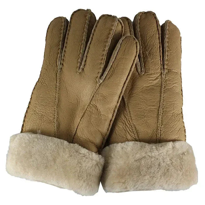 Tan men's shearling leather gloves with fur cuffs, winter mittens on white background