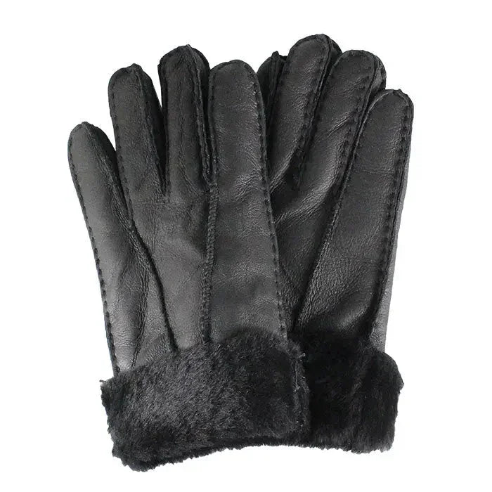 Black men's shearling leather gloves with fur cuffs on a white background