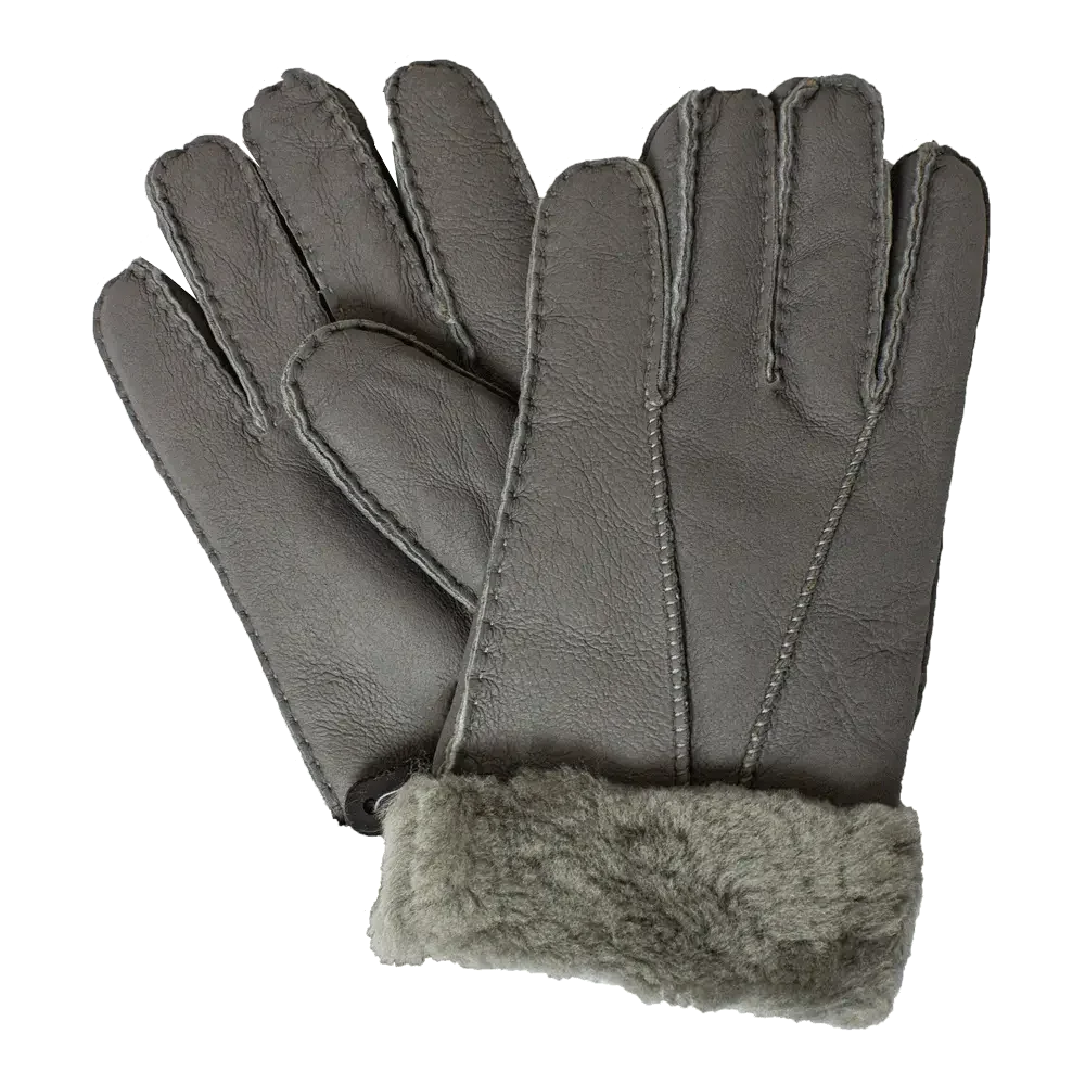 Men's grey shearling leather gloves with visible stitching and fur cuff, winter accessories