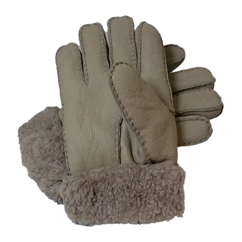 Men's shearling leather gloves with beige fur cuffs on a plain background