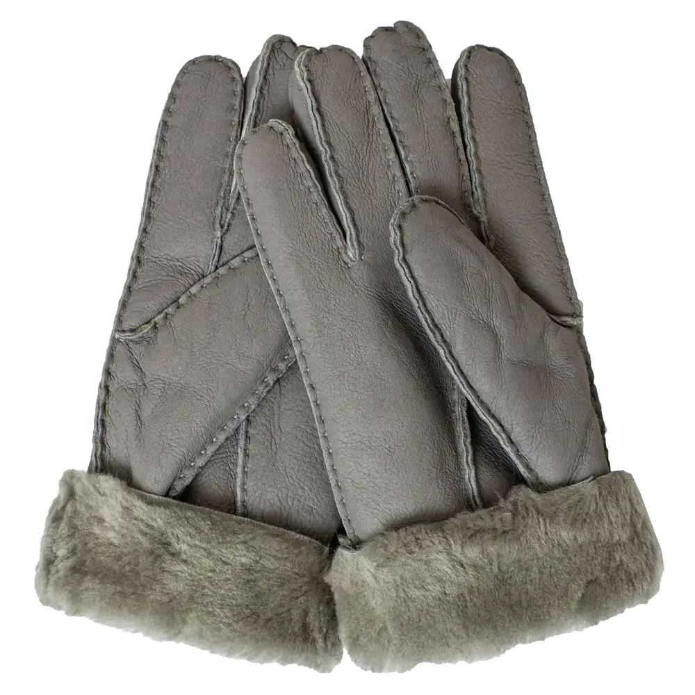 Men's grey shearling leather gloves with fur cuffs on white background