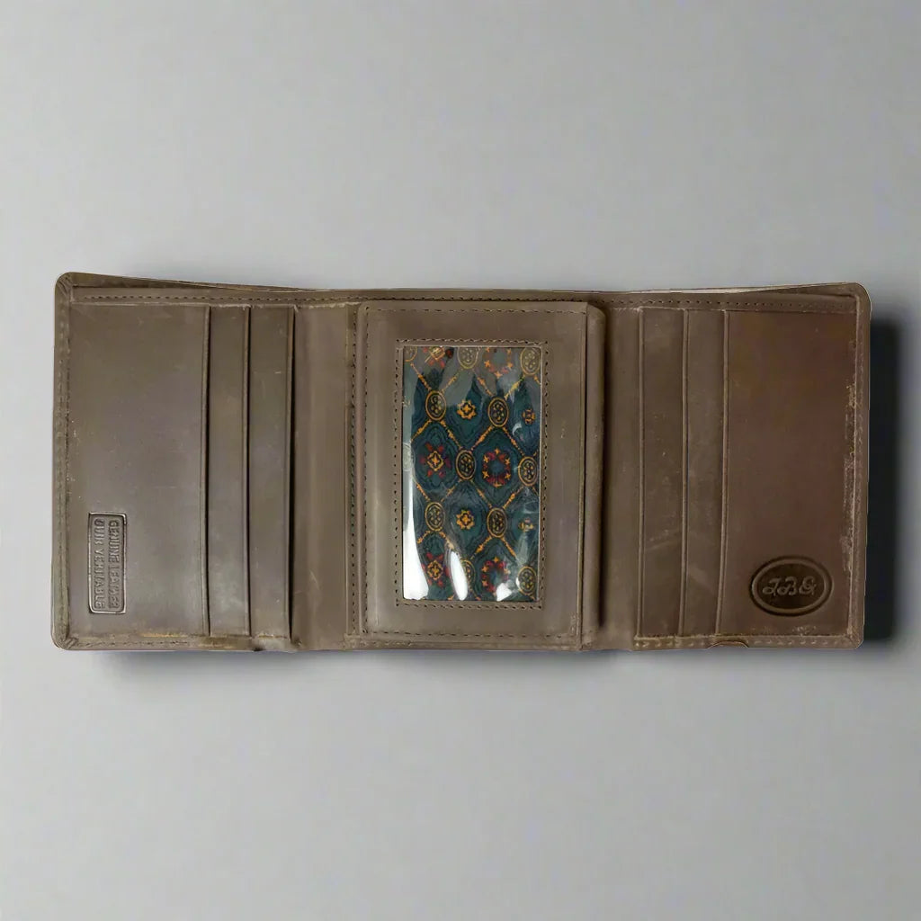 Men's trifold leather wallet open with card slots and clear ID window on gray background