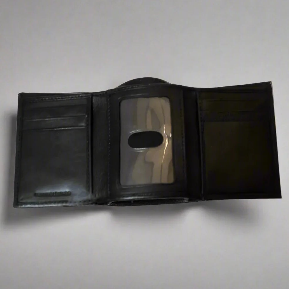 Black men's trifold RFID leather wallet open showing card slots and ID window