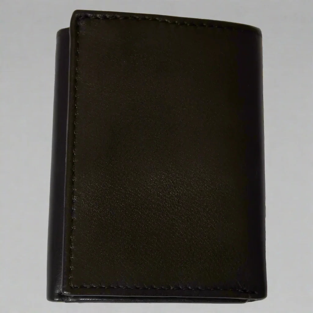 Men's trifold black leather wallet with smooth finish on plain background