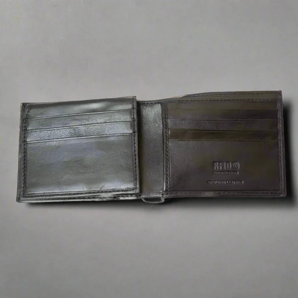 Men's trifold RFID leather wallet with multiple card slots on a plain background