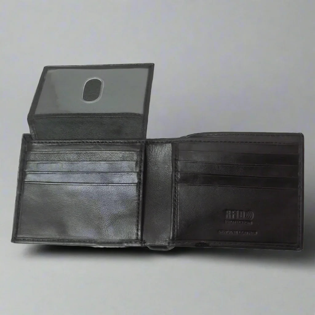Black men's trifold RFID leather wallet with flip-up ID slot and multiple card slots