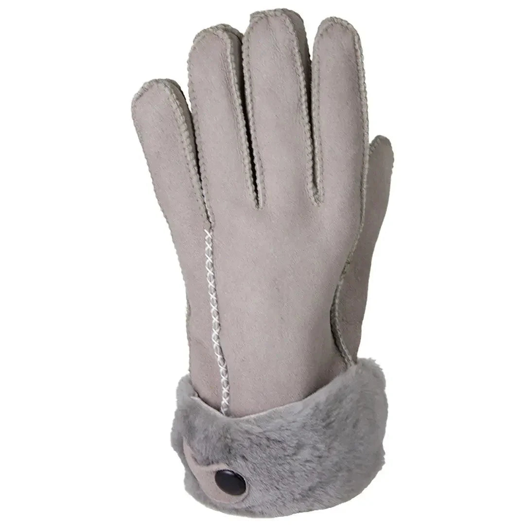 Grey women's hand-stitched merino sheepskin glove with button and faux fur cuff