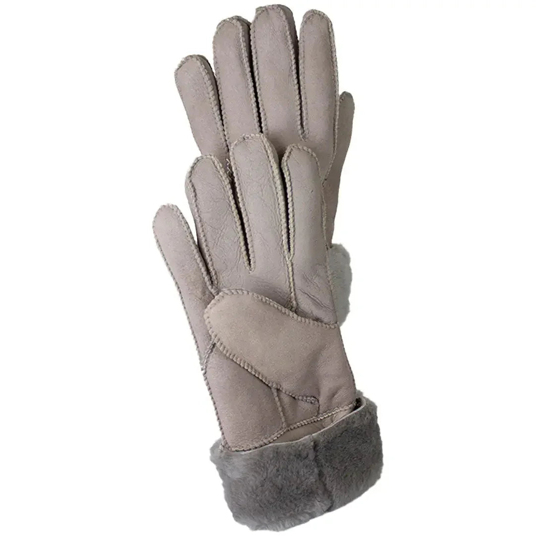 Women's hand-stitched merino sheepskin gloves with fur cuffs in light grey