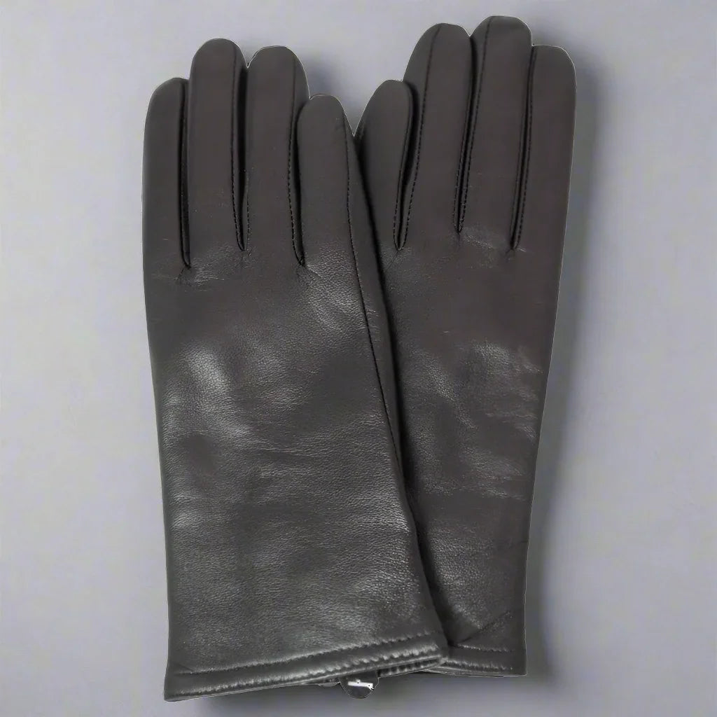 Women's deerskin leather gloves in dark brown on a plain light background