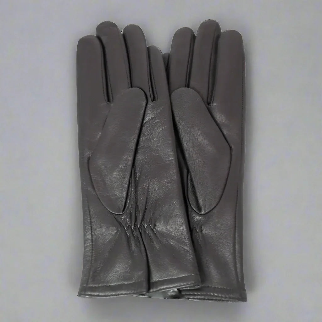 Women's gray deerskin leather gloves neatly displayed on a light background