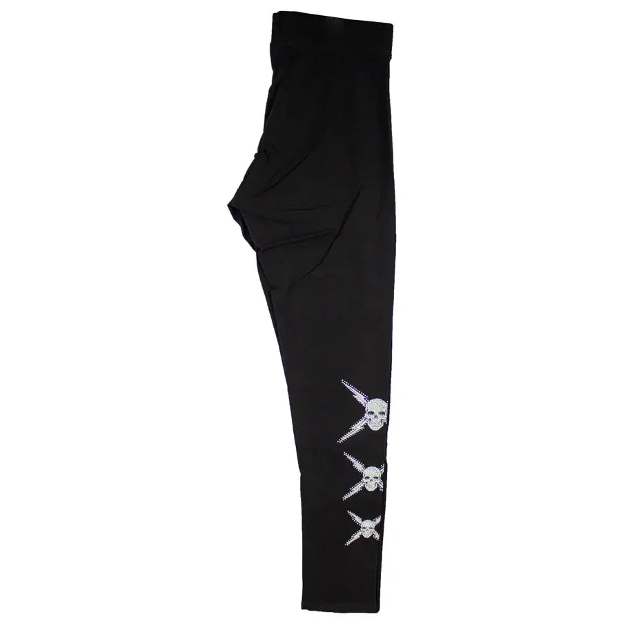 Black women's leggings with rhinestone skull designs on the lower leg