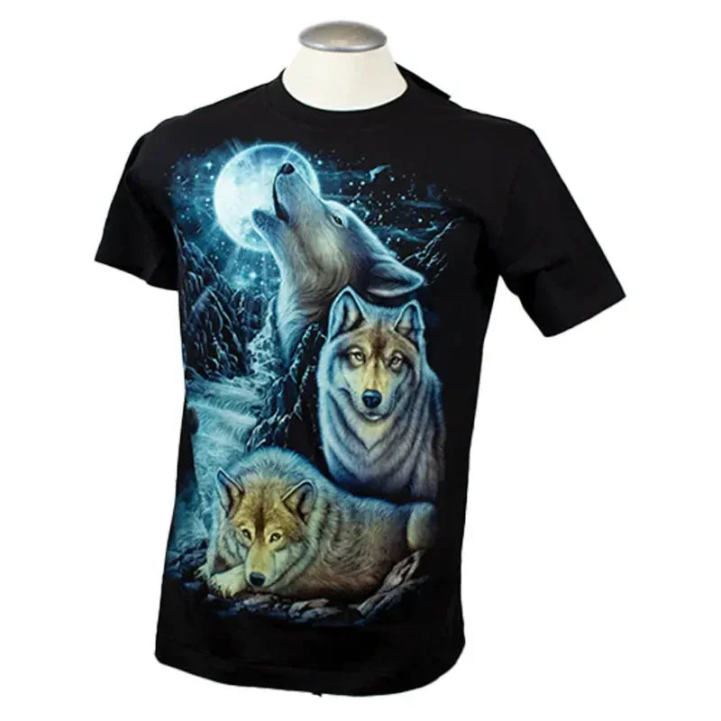 Men's black t-shirt with glow-in-the-dark graphic of howling wolves and a full moon