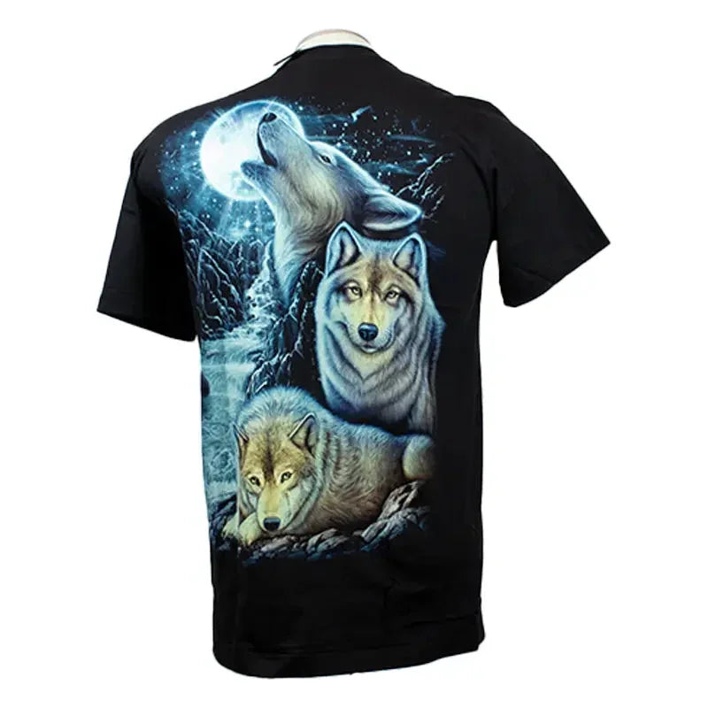 Men's black t-shirt with glow-in-the-dark howling wolf and full moon graphic print
