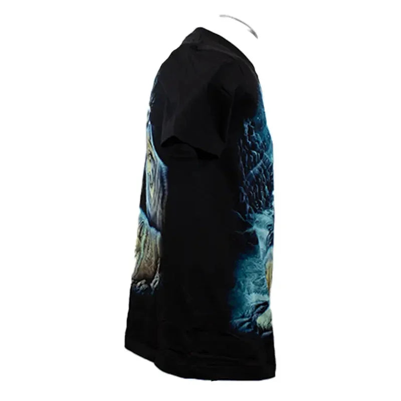 Men's black t-shirt with glow-in-the-dark howling wolf and mountain graphic