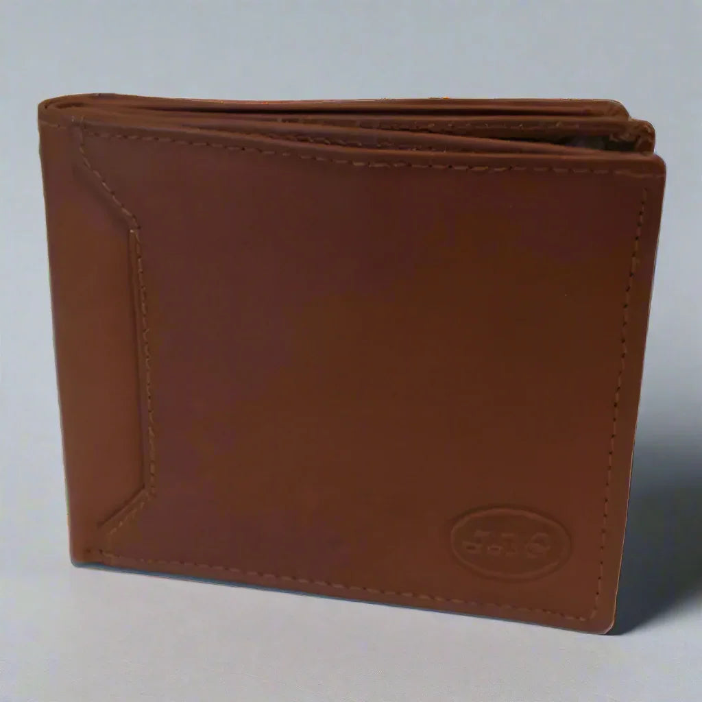 Brown men's leather wallet with embossed logo on a plain background