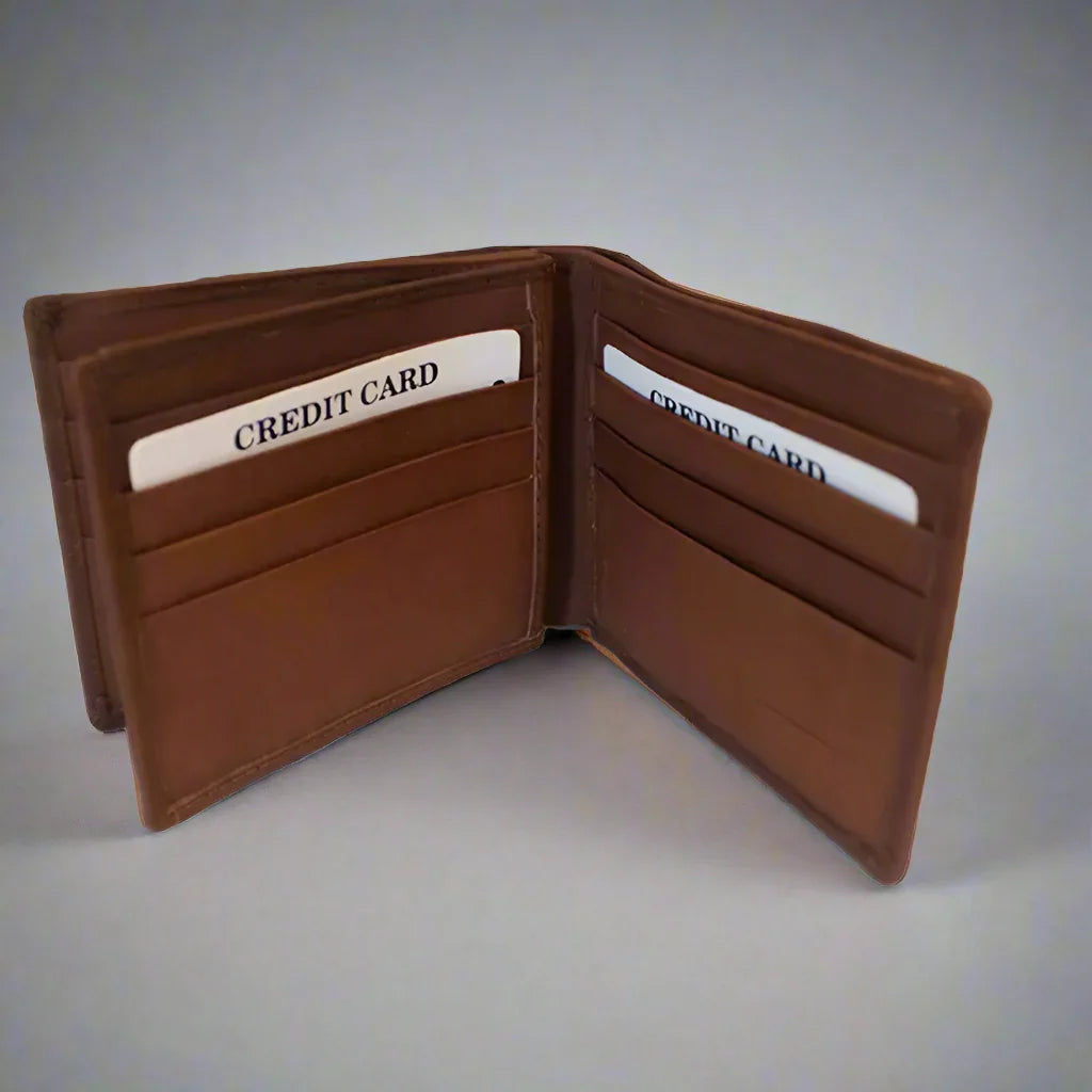 Men's brown leather wallet open with credit card slots visible on both sides