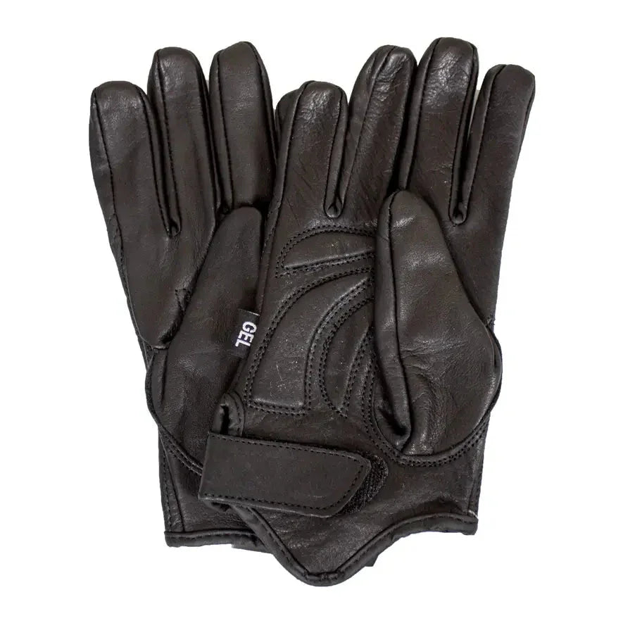 Black men's leather motorcycle gloves with gel padding and hook-and-loop strap