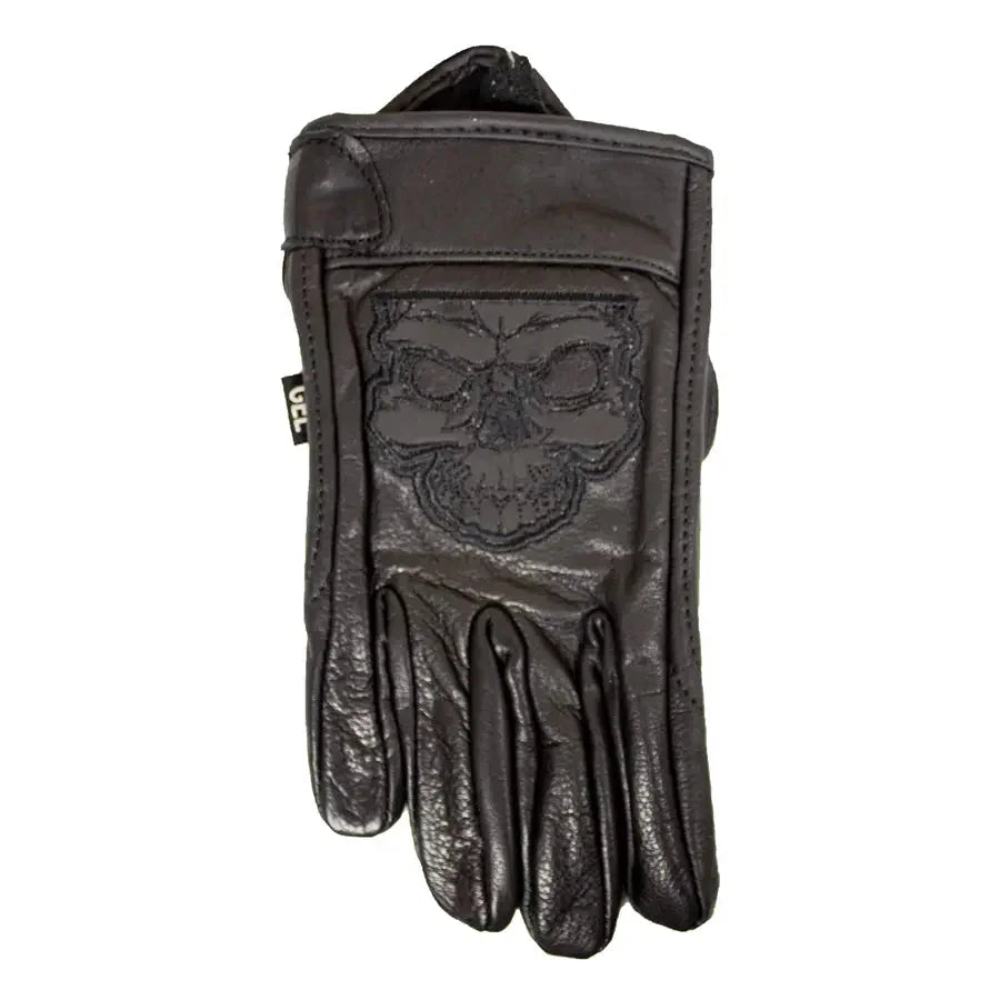 Black men's motorcycle glove with reflective skull design on knuckles