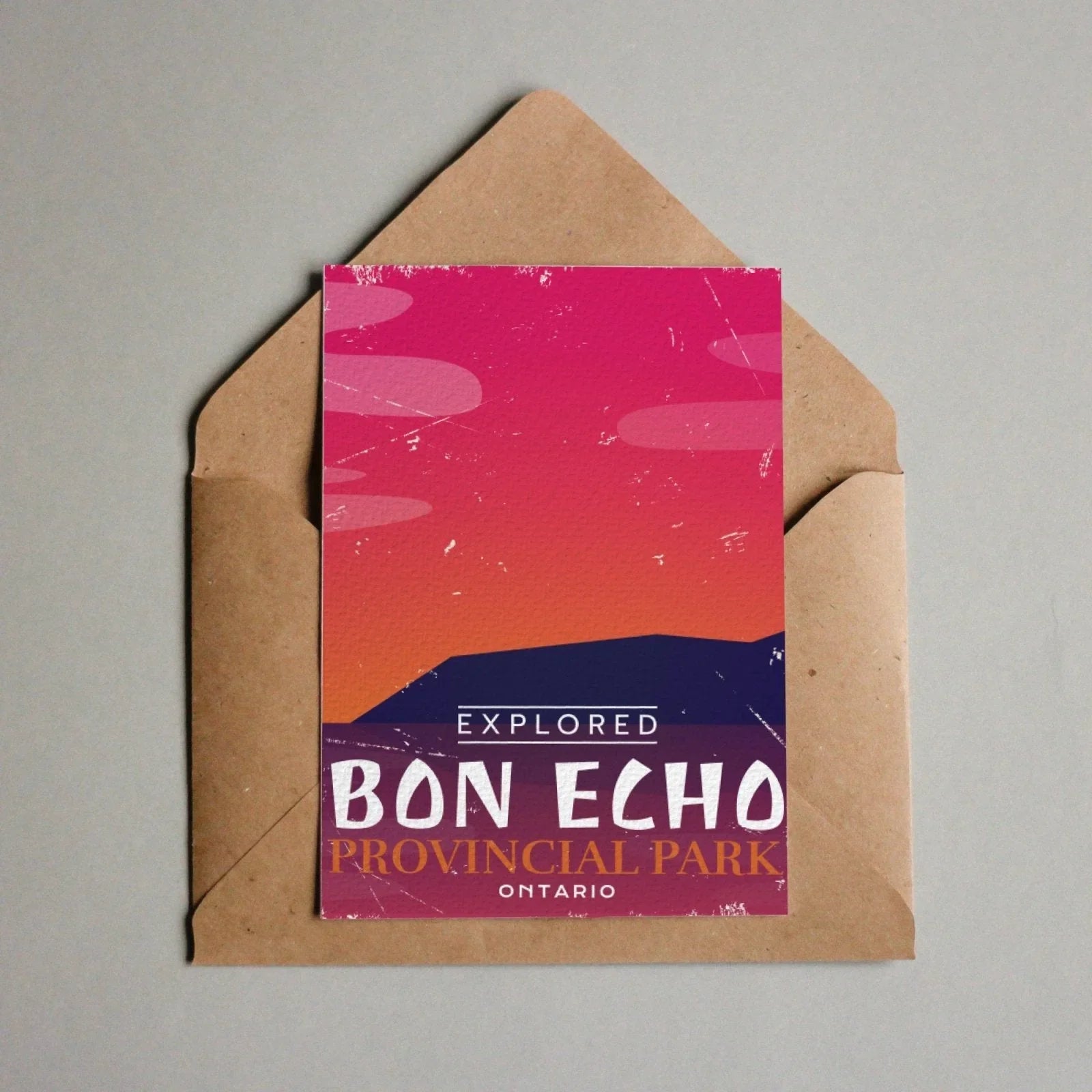 Bon Echo Provincial Park Ontario postcard with sunset graphic in brown envelope
