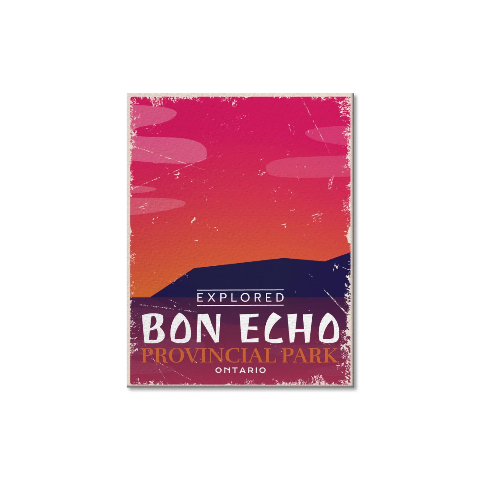 Bon Echo Provincial Park Ontario postcard with sunset sky and retro design