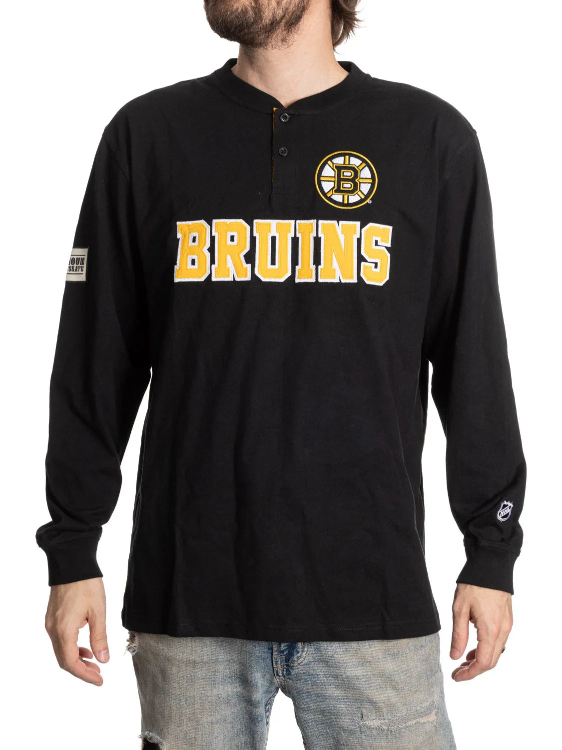 Man wearing black Boston Bruins long sleeve Henley shirt with yellow logo and text