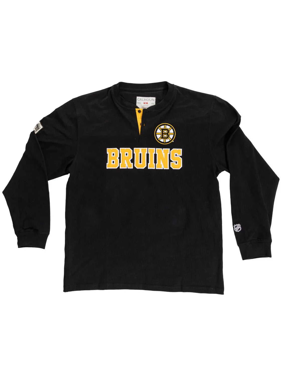 Black Boston Bruins long sleeve henley shirt with team logo and yellow BRUINS text