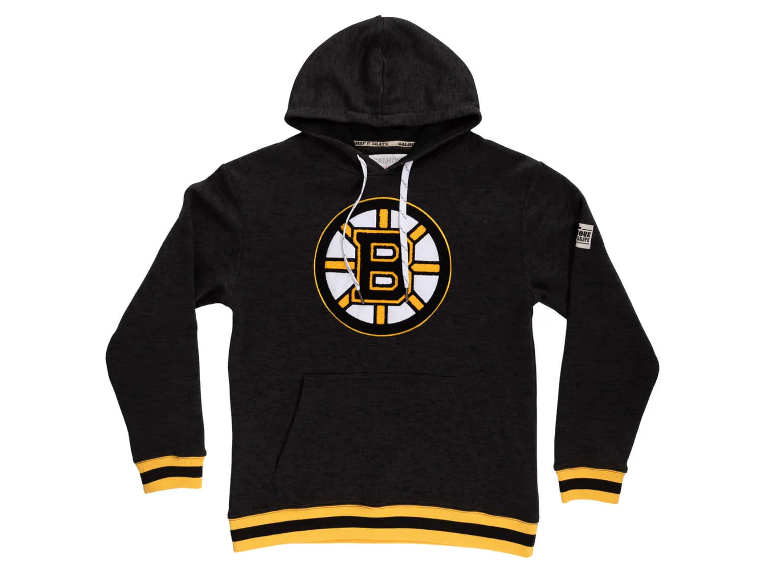 Black Boston Bruins logo hoodie with yellow striped cuffs and hem on white background