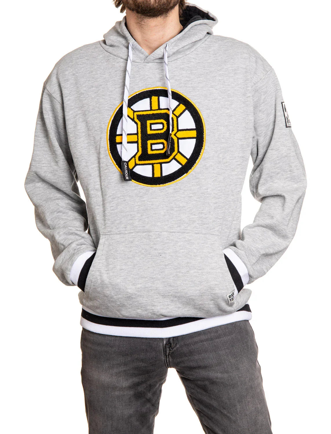 Grey Boston Bruins chenille hoodie with large front logo, black and yellow accents