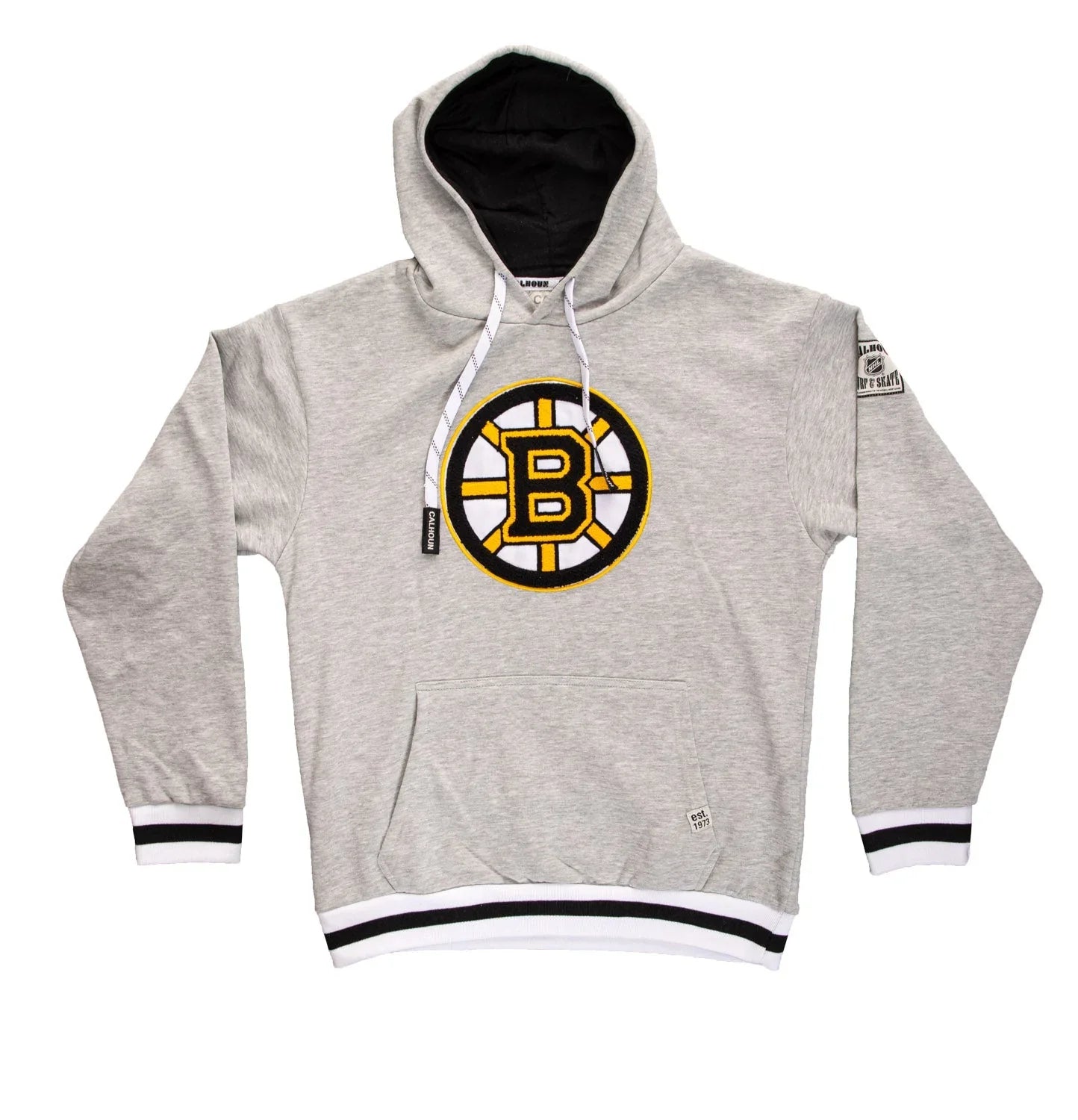 Gray Boston Bruins chenille logo hoodie with kangaroo pocket and black hood lining