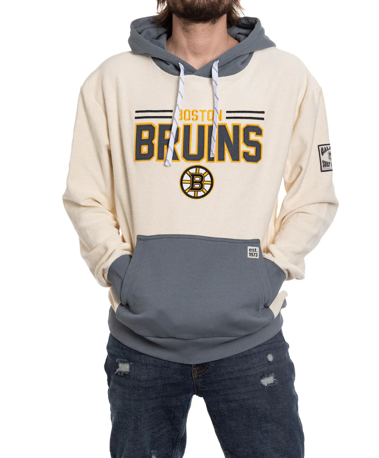 Boston Bruins reverse hoodie with gray hood and pocket, NHL fan apparel