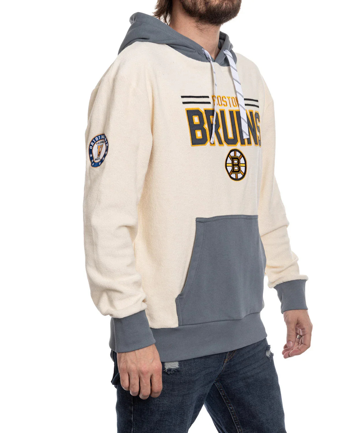 Boston Bruins reverse hoodie with patch, grey hood, and kangaroo pocket