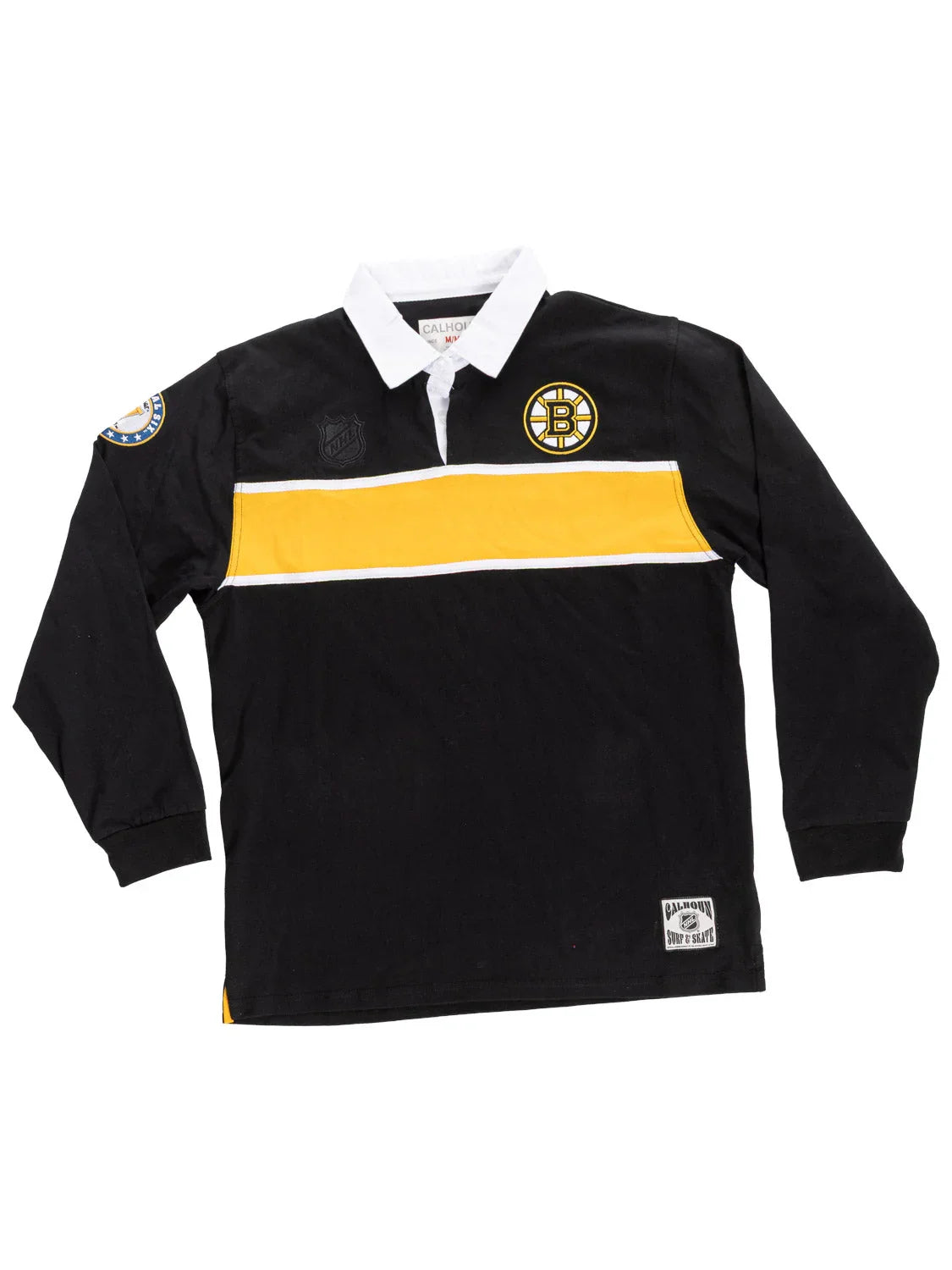 Boston Bruins rugby shirt with yellow stripe, black long sleeves, and team logo