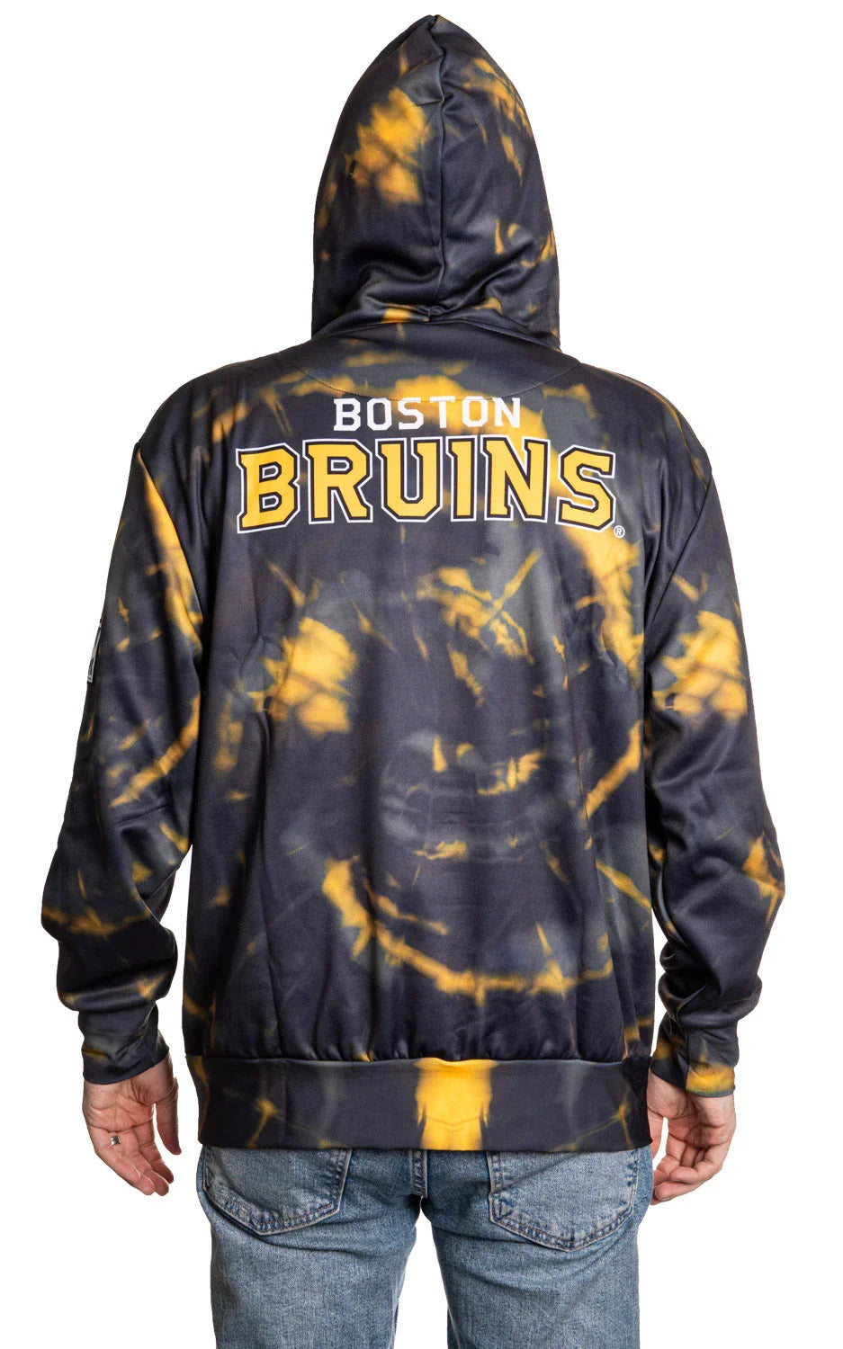 Back view of Boston Bruins tie dye hoodie with yellow and black pattern and jeans