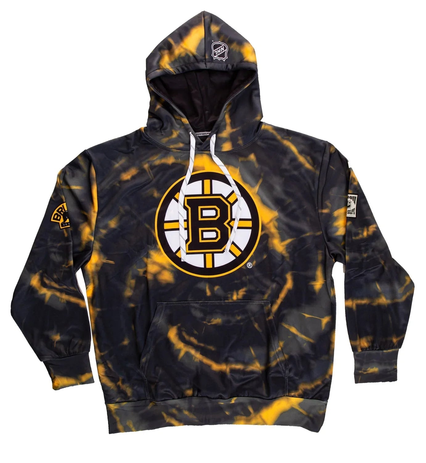 Boston Bruins black and yellow tie-dye hooded sweatshirt with front team logo